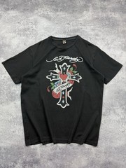 Vintage Ed Hardy By Christian Audigier Cross T-Shirt Rhinestones Y2K Black Hype