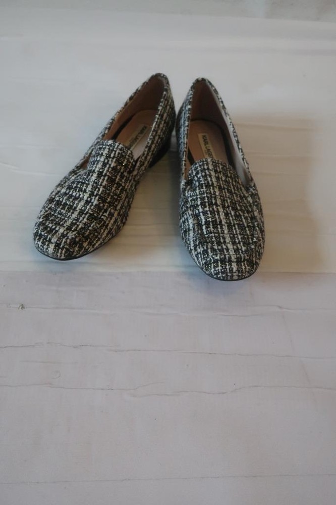 Womens Karl Lagerfeld Black, White, Gold Tweed Fabric Loafers Sz 7.5 US/38 EUR *