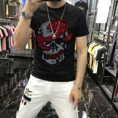 New Men Fashion Diamonds T-Shirt Skull Horror Rhinestones Hot Drill Short Sleeve