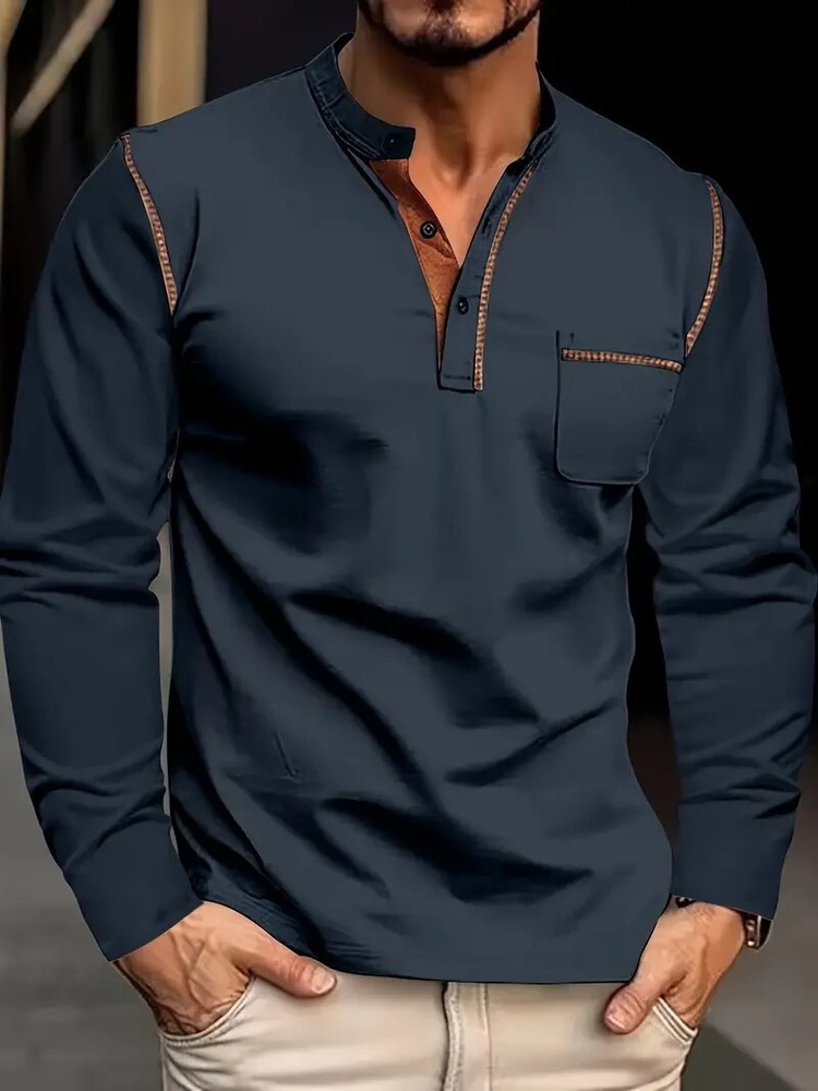 New Men’s Navy-Blue Long Sleeve Crew Neck Sports Shirt Soft Slight Stretch XL