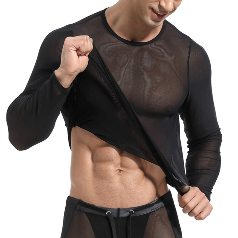 Mens Long Sleeve See Through Mesh T Shirt Sexy Muscle Clubwear Blouse Tops Tee