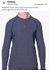 Meriwool Light Base Layer Men’s XL Blue “Sea” Stripe 190 Henley Long Sleeve NEW
