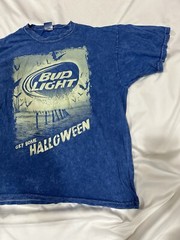 Bud Light Beer Shirt Size L Blue Mineral Wash Halloween Graphic Print