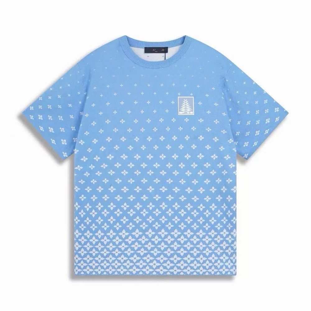 Men’s Blue/White Geometric Logo Knit T-Shirt Crew Neck Short Sleeve Size M