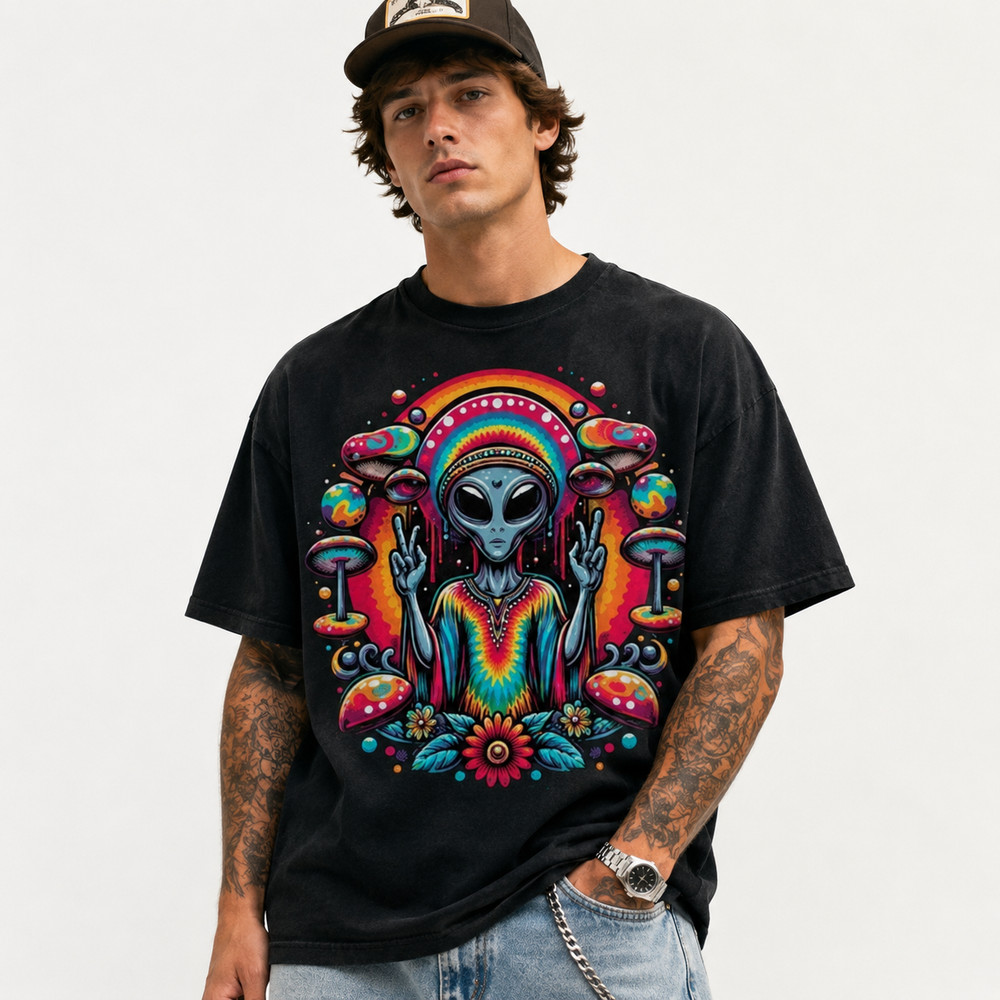 Tie Dye Alien Peace Sign Graphic T-Shirt Boho Hippie Space Vibes Tee