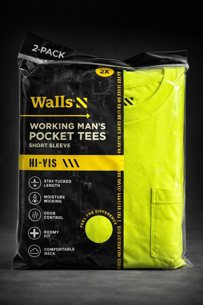 NEW Walls 2pk Working Man’s HI-VIS YELLOW Pocket Tees Short Sleeve T-Shirts 2X