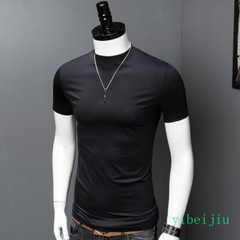 Fashion Summer Men’s Half High Collar Silk Cotton Short Sleeved T-shirt Slim Fit