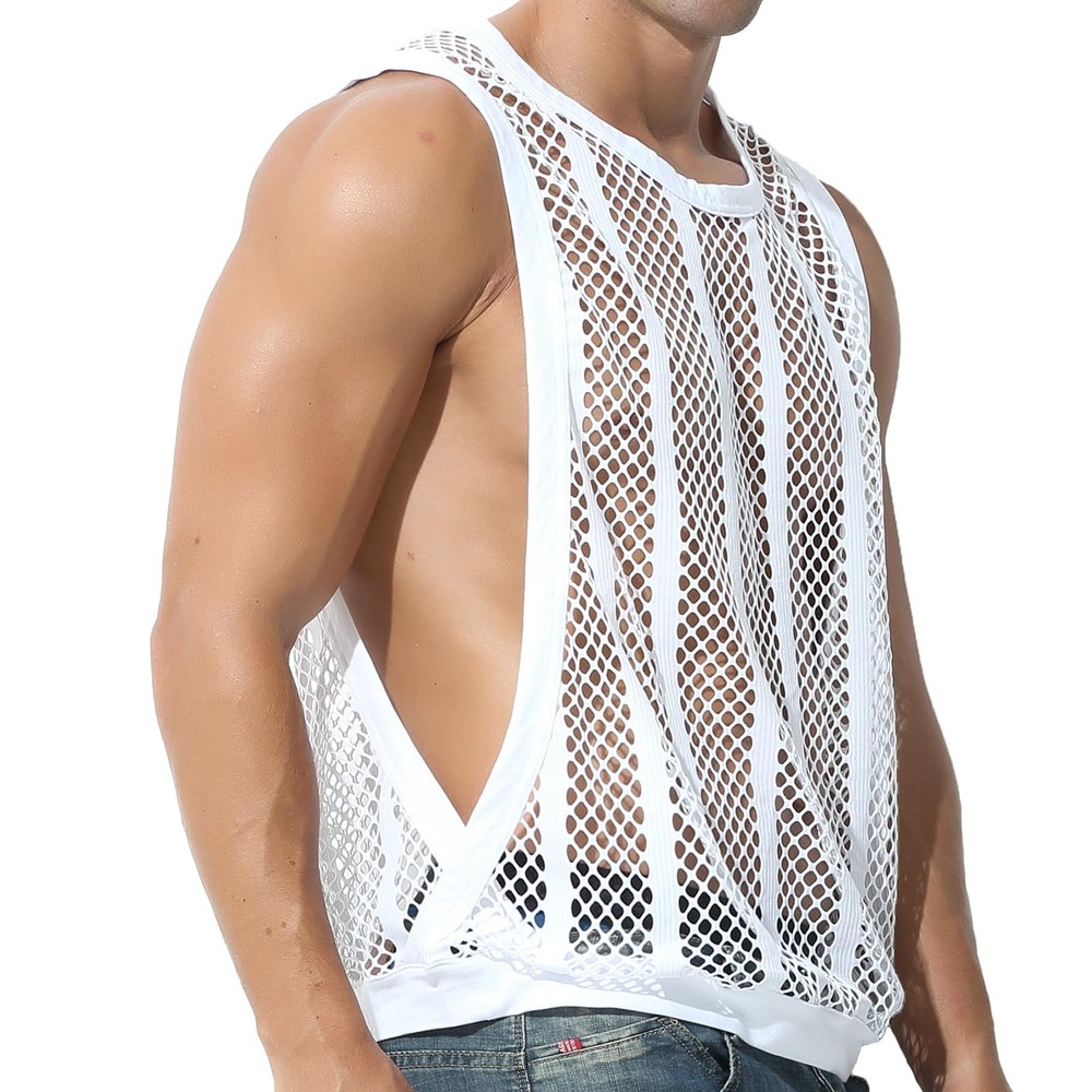 Mens Sexy Stripe Fishnet Tank Top See Through Mesh Sleeveless Tank Shirt Holl…