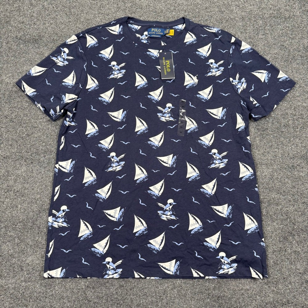 Polo Ralph Lauren Sailboat Print T-Shirt Mens Size XL Navy Custom Slim Fit NWT