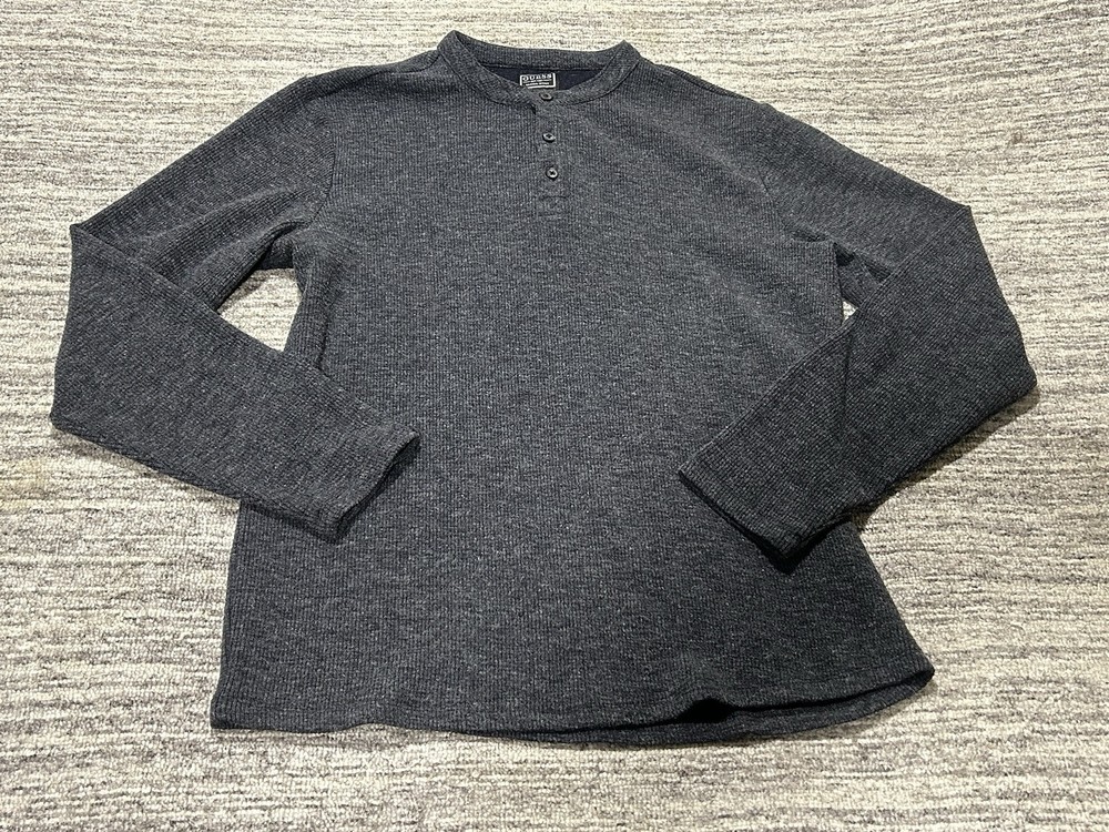 GUESS T Shirt Mens Medium Thermal Henley Solid Gray Cotton Poly Blend Waffle