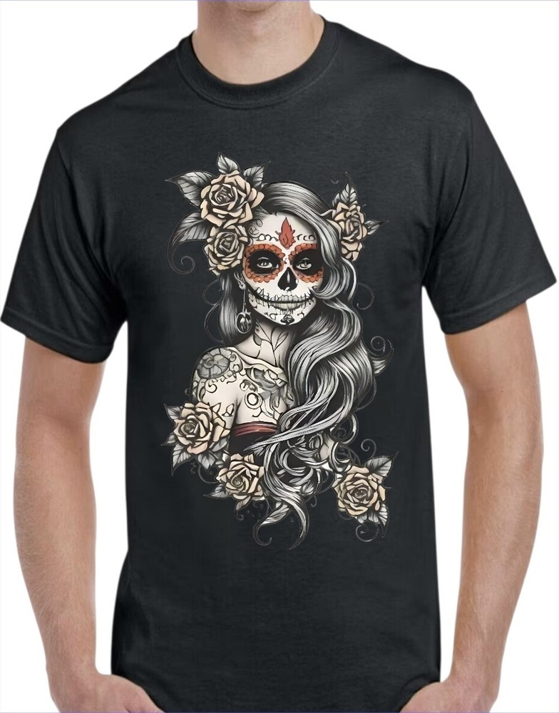 Female Sugar Skull Men’s T-Shirt White or Black or Gray Small to 3X-Large