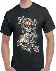 Female Sugar Skull Men’s T-Shirt White or Black or Gray Small to 3X-Large