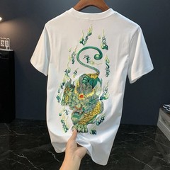 Men Embroidery Dragon Graphic T-Shirt Casual Short Sleeve Crewneck Cotton Tee