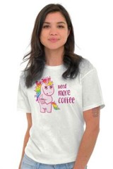 Funny Tired Unicorn Need More Coffee Joke Womens Graphic Crewneck T Shirt Tee