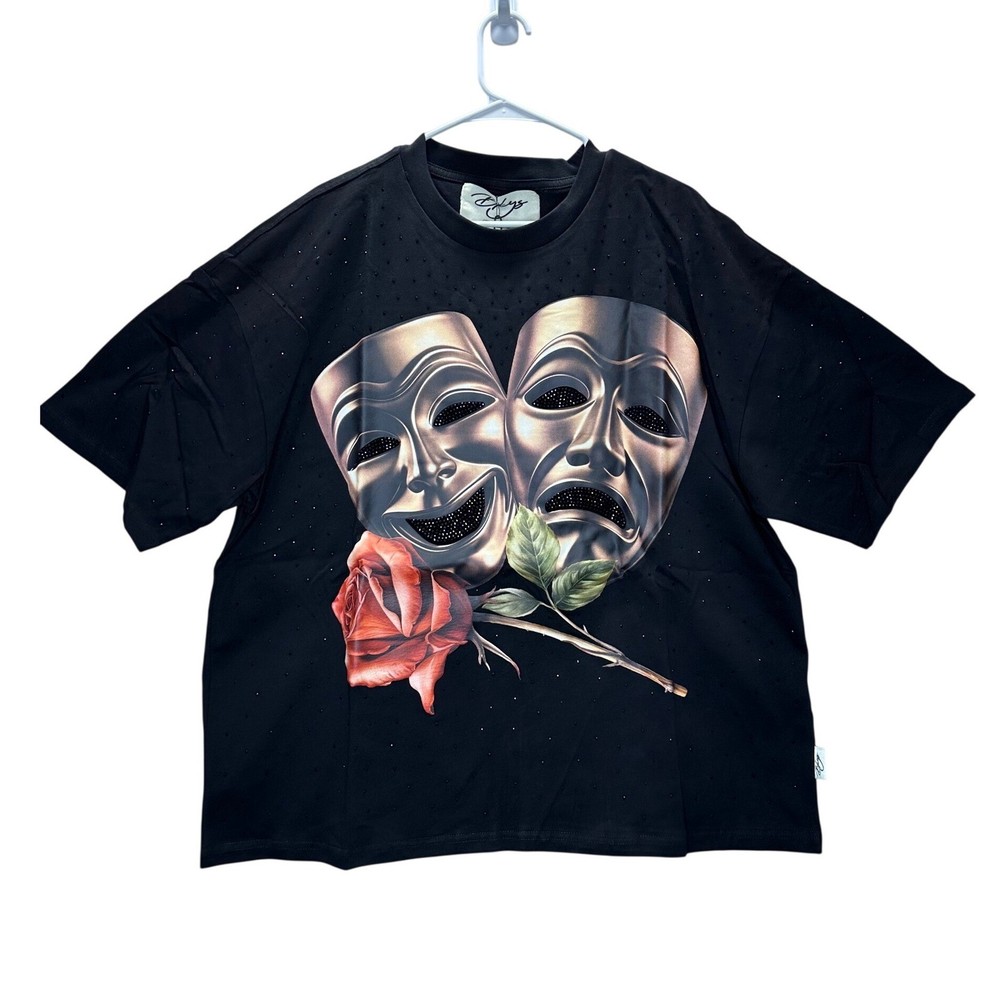 BKYS NWT Black Rhinestone Theater Masks Rose Graphic T Shirt Size S Streetwear