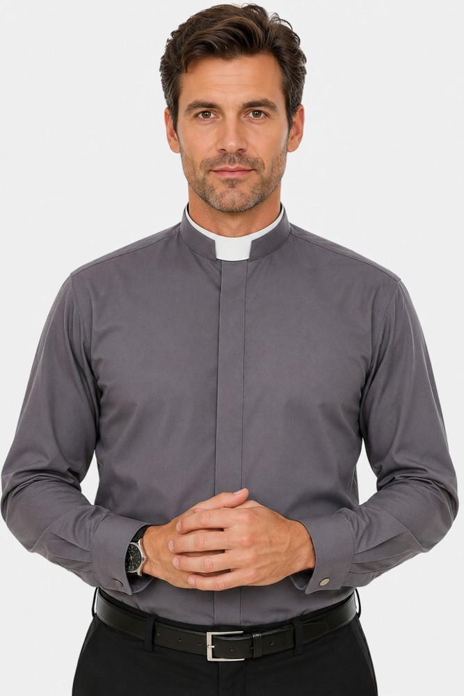 Men’s Clergy Shirt Roman Collar Long Sleeve Grey Pastor Priest Church Wear