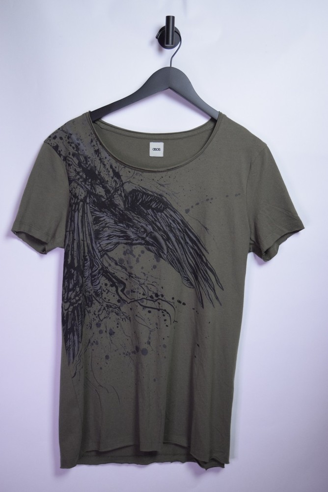 Relaxed Fit Tee with Grunge Crow Print in Olive Green
