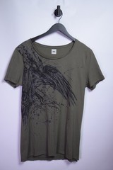 Relaxed Fit Tee with Grunge Crow Print in Olive Green