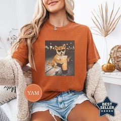Funny Shiba Inu Drinking Iced Coffee Shirt, Animal Meme Tee T-Shirt