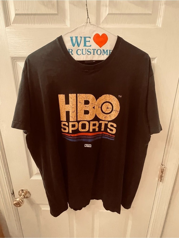 Kith Black HBO Sports Logo Short Sleeve Tee with Yellow and Multicolor Stripe