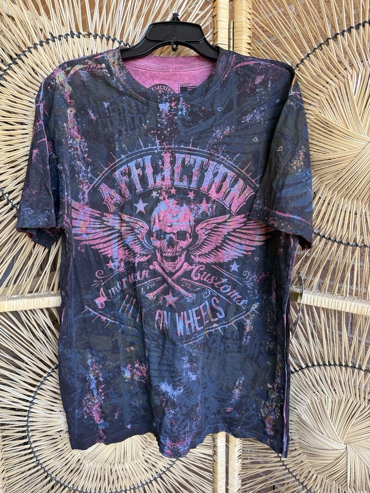Affliction American Customs Shirt Mens Large Blue Mineral Wash Skull Graphic USA