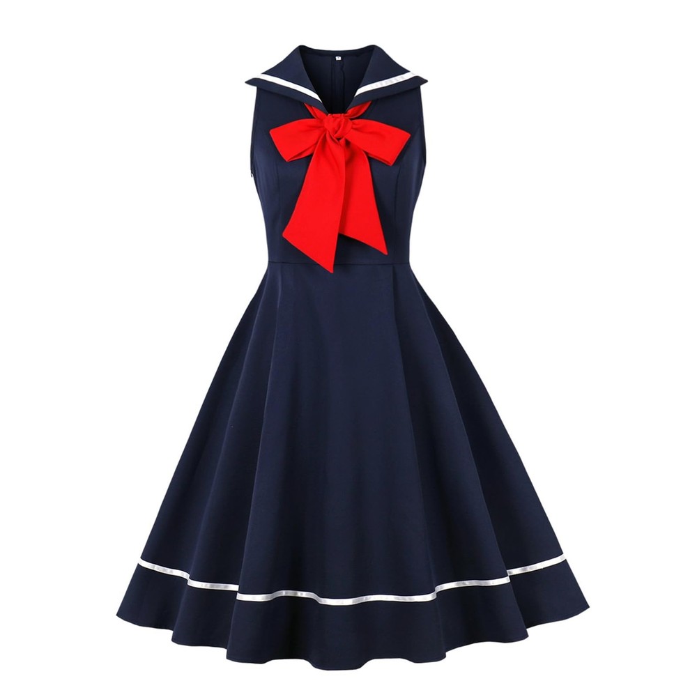 Vintage Nautical Dress 1950s Retro Sleeveless 50s Style Pinup Rockabilly Swin…