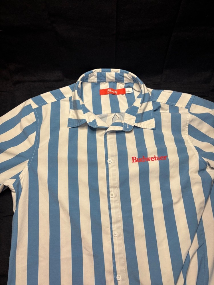 Shinesty Budweiser Blue/White Bowling Button Up. Rear Beer Pocket. LG