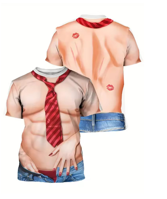 Funny 3D Fake Abs Muscle T-Shirt Sexy Body Illusion All Over Print Tee S-3XL