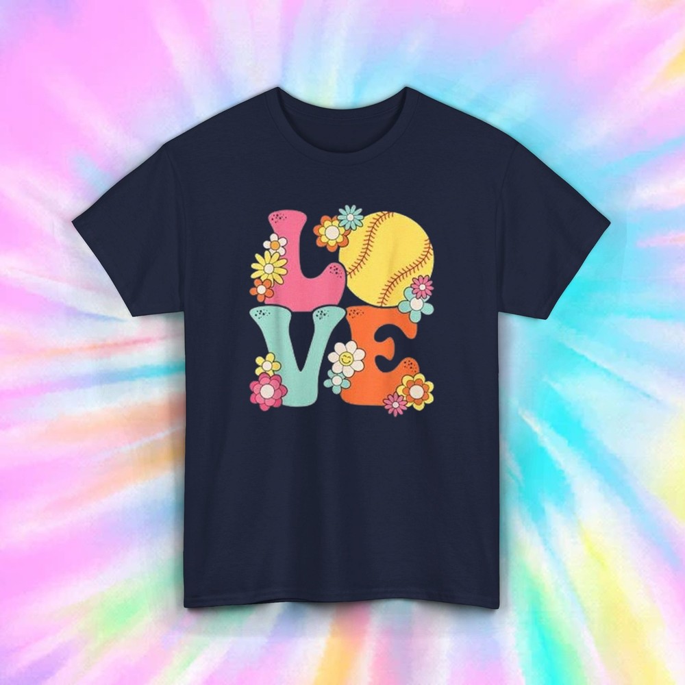 Love Softball T-Shirt | Flower Power Retro Design | Softball Player Gift Tee