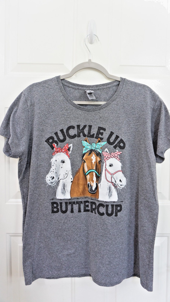 XL Graphic T-Shirt Gray Horses Buckle Up Buttercup Rodeo Ranch Novelty