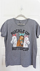 XL Graphic T-Shirt Gray Horses Buckle Up Buttercup Rodeo Ranch Novelty