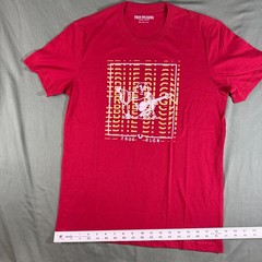 True Religion Mens Small Graphic T Shirt Red Buddha Guitar Logo Crew Neck