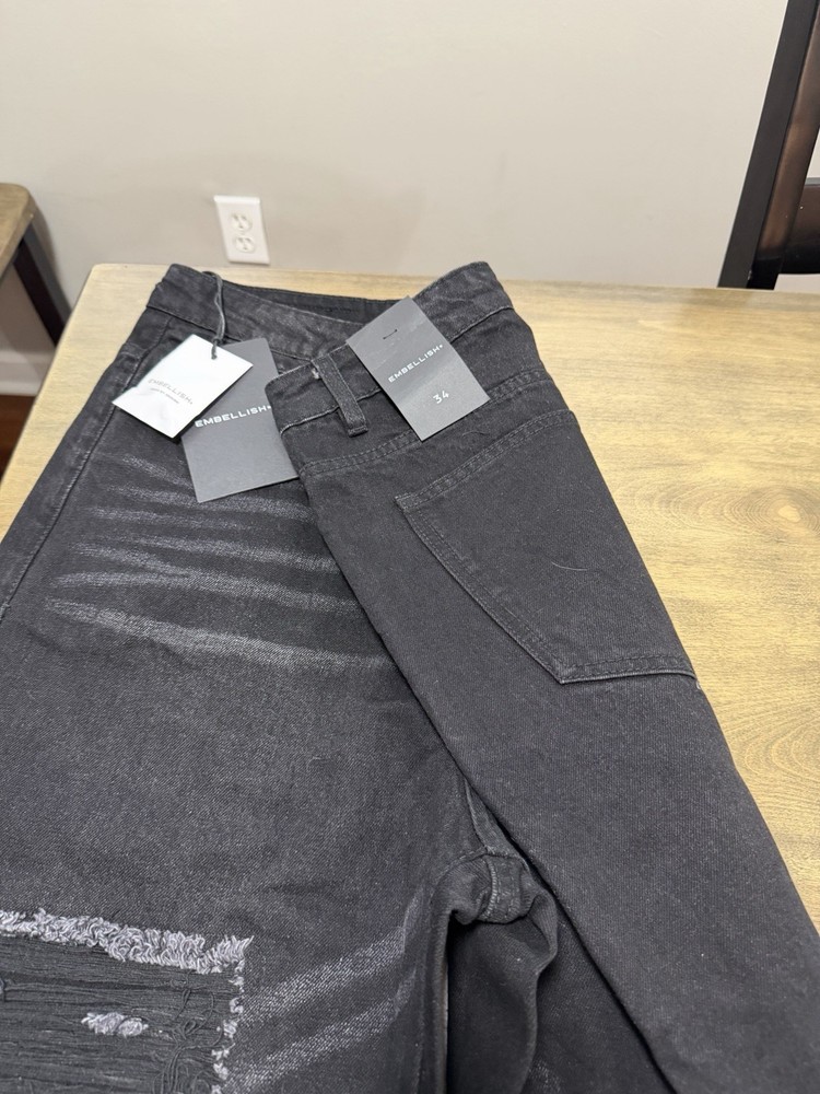 Embellish Distressed Straight Black Denim Men’s Jeans 5-Pocket Design