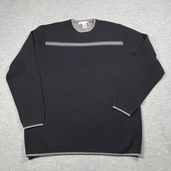 Geoffrey Beene Sweater Mens Large Black Gray Striped Crewneck Acrylic Cotton Kni