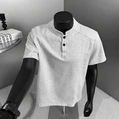 American Style Henry Collar Shirt Men’s Summer Splice Mamba Cotton Short Sleeve