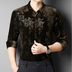 Men Velevt Blouse Shirts Tops Floral Printed Plush Casual Formal Cardigan M-3XL