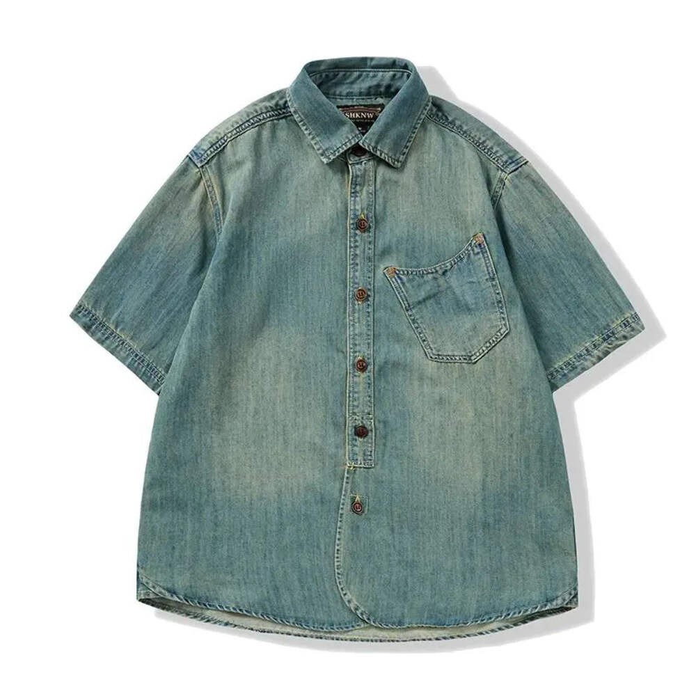 Men Summer Denim Thin Shirt Short Sleeve Soft Cotton Pockets Slim Slight Elastic