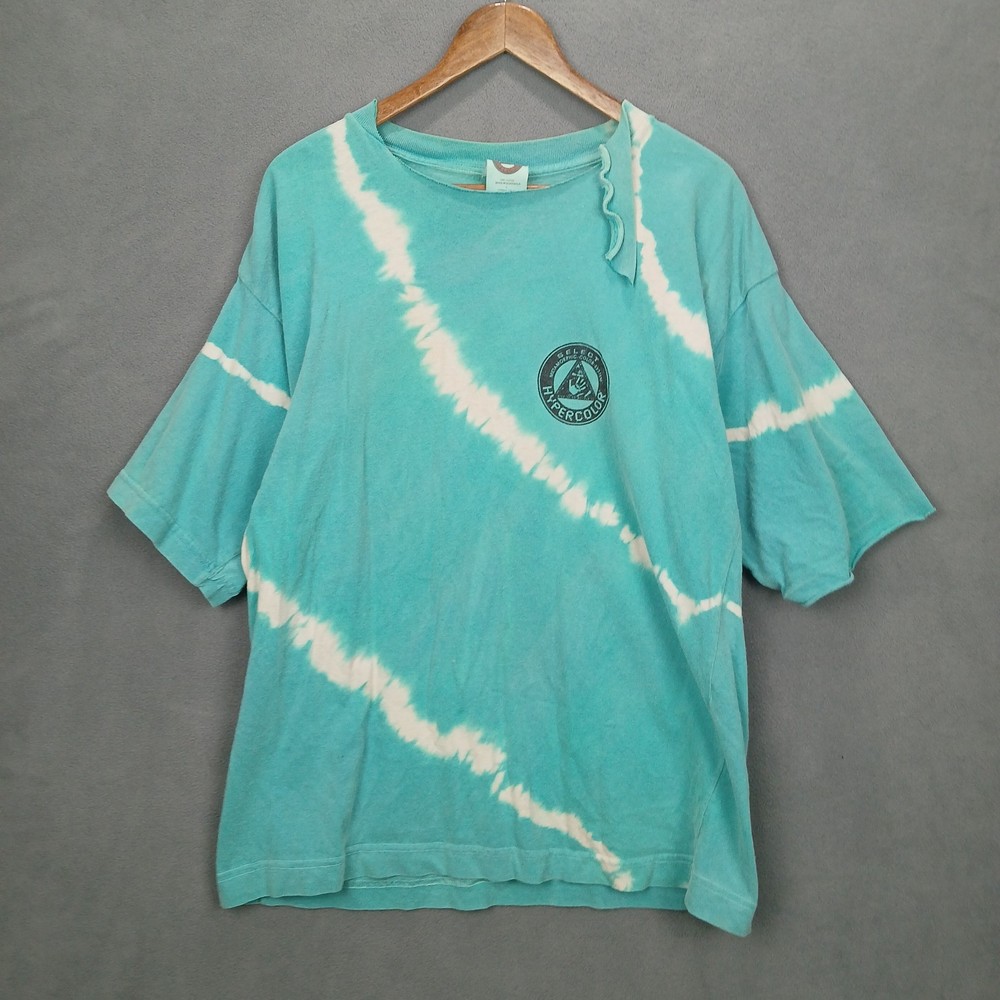 Vintage Thrashed Hypercolor T Shirt Mens Large Turquoise Tye Dye Logo Round Neck