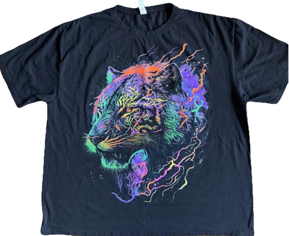 Tiger Psychedelic Neon Sparkle Glow Art To Wear Colorful TShirt XXL
