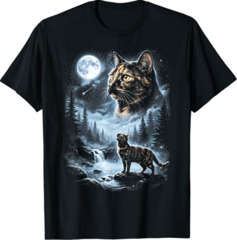 Tortoiseshell Cat Howling at Moon 90’s Retro T-Shirt