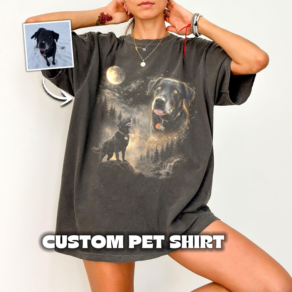 Custom Pet Photo Shirt Personalized Dog Portrait Howling at Moon Gift