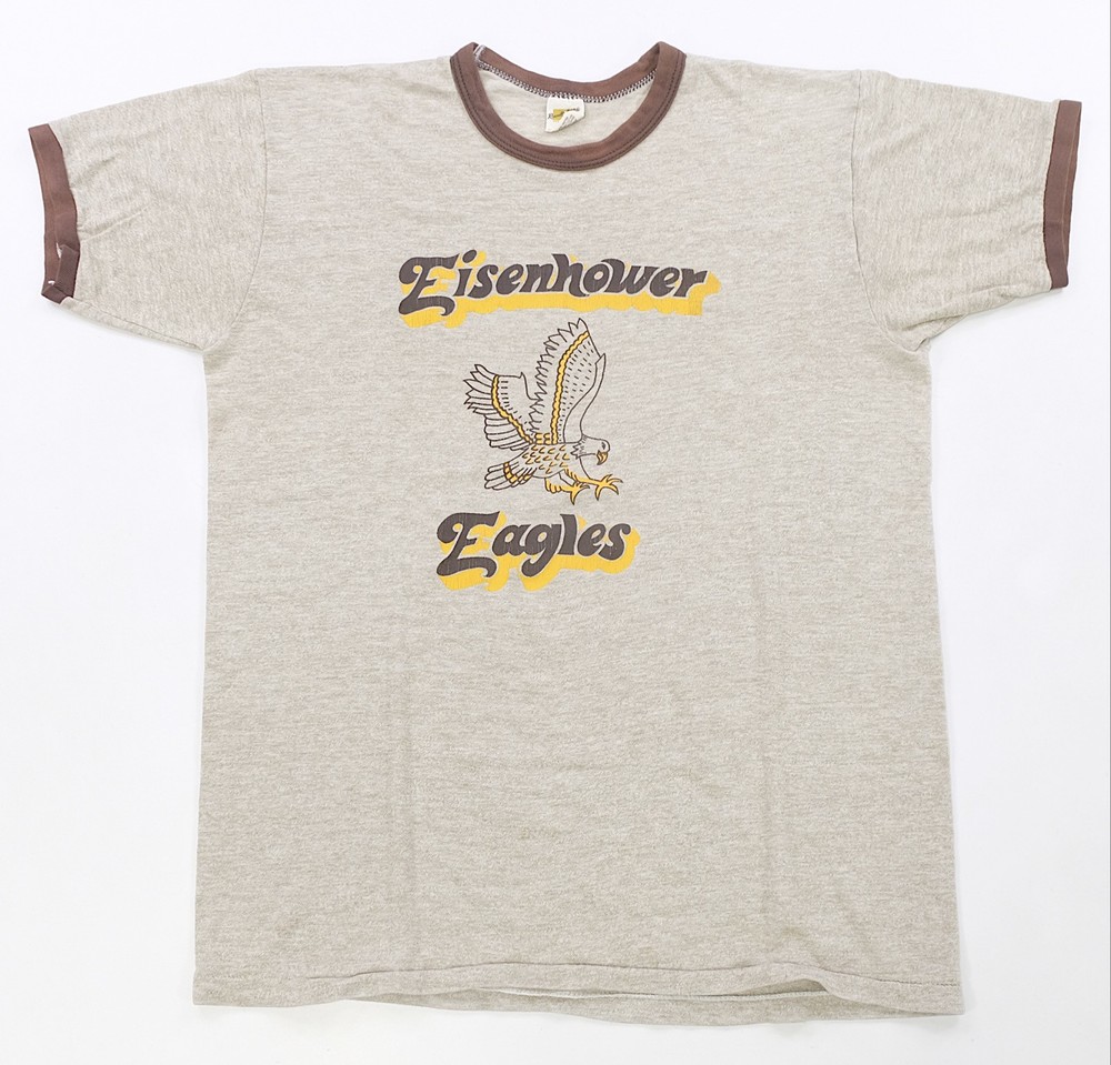 Rare VTG RUSSELL ATHLETIC Eisenhower Eagles High School Ringer T Shirt 70s SZ L