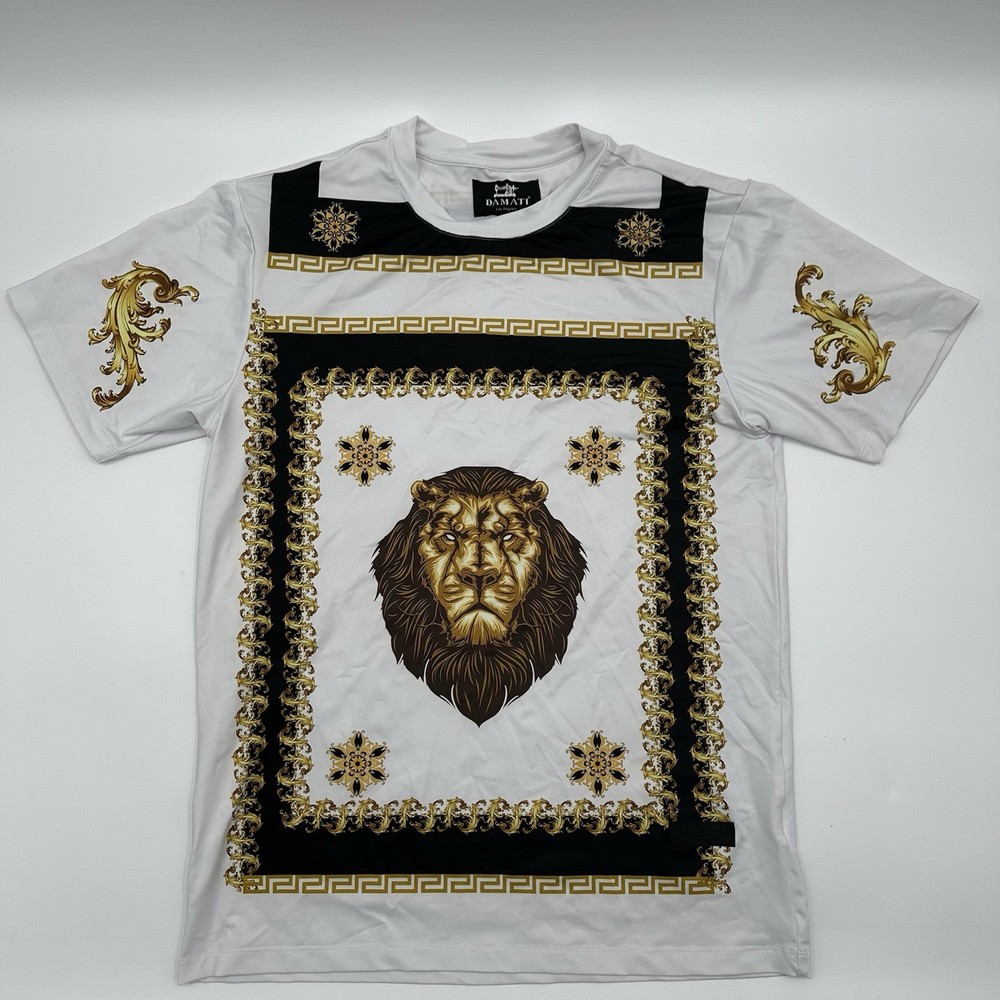 Damati Los Angeles Lion Shirt Mens Small White Gold Black Polyester Viscose