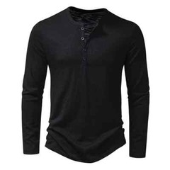 Men’s Shirt Cotton Henley Neck T-Shirts Long Sleeve Casual Button Plain 25% OFF