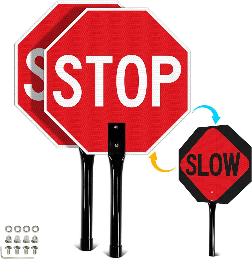 Stop Slow Traffic Sign With Handle Double Sided Safety Paddle Sign 2 Pack 13×13″