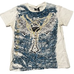 Playboy Graphic T Shirt Y2K Skull Wings Gold Foil Blue Marble Wash Large s1