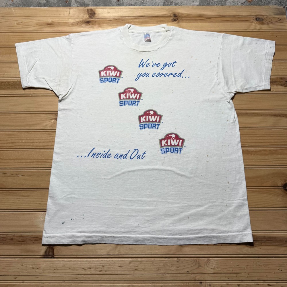 Vintage 90s Kiwi Sport Shoe Care Polish Graphic Advertising Promo T-Shirt USA XL
