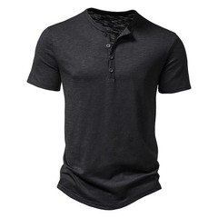Men Summer Fashion Hip Hop Streetwear T-Shirts Henry Collar Solid Color Cotton T