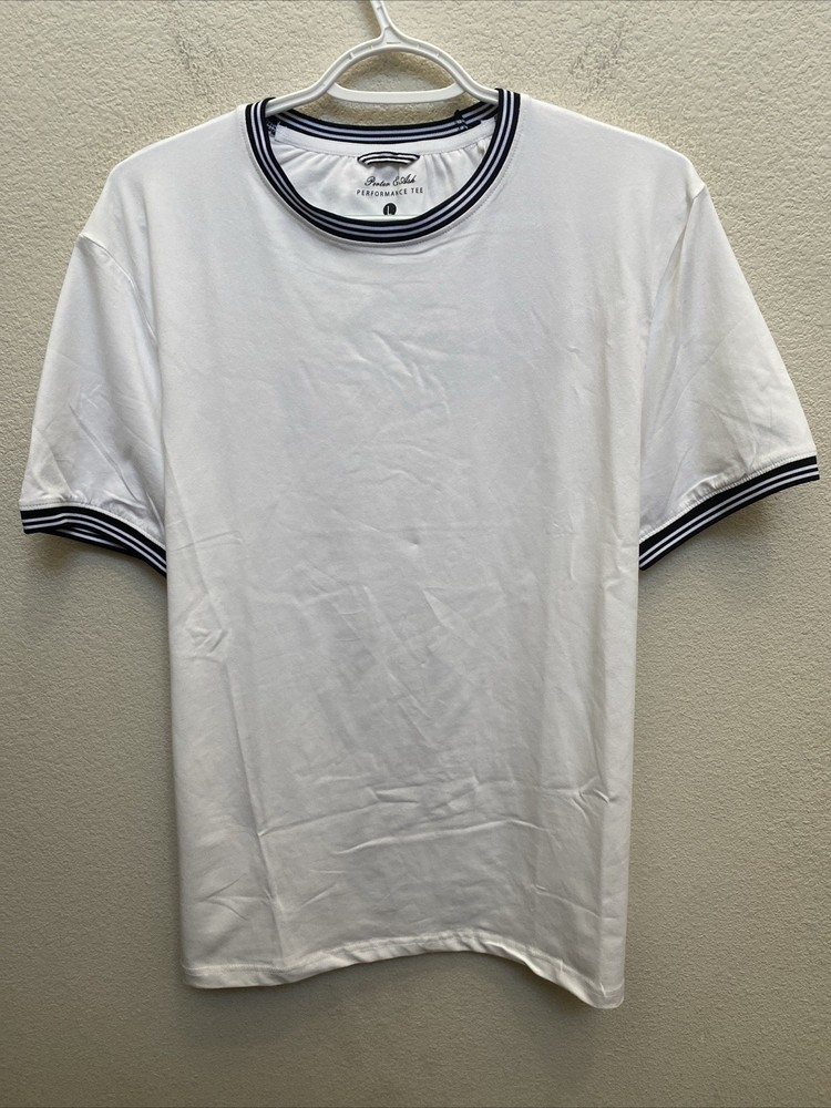 NEW Porter & Ash Men’s Large White Performance Tee Stripe Crew Neck T-Shirt NWT