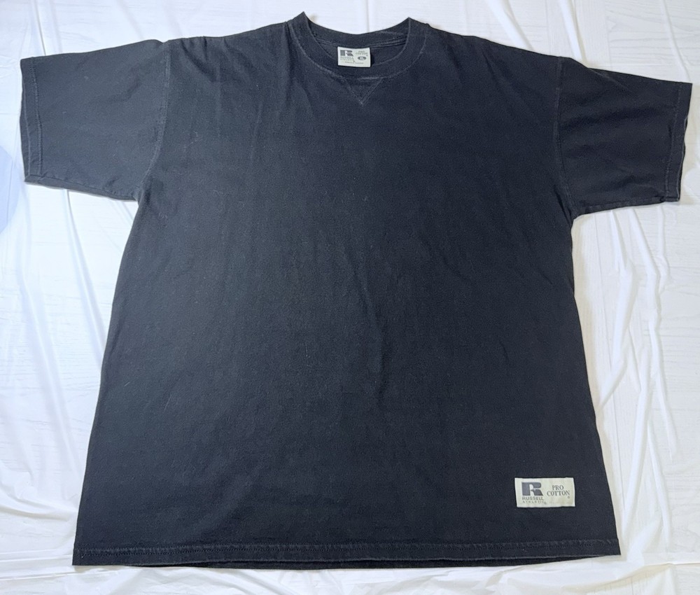 Black Faded Russel Athletic Pro Cotton Tee Size XL Essentials Y2K Essentials